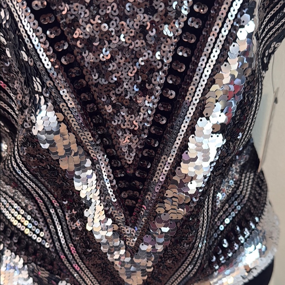 Sequin V-Neck Bodysuit in Black and Silver Timeless Chic Elegant Design Small - Picture 3 of 9